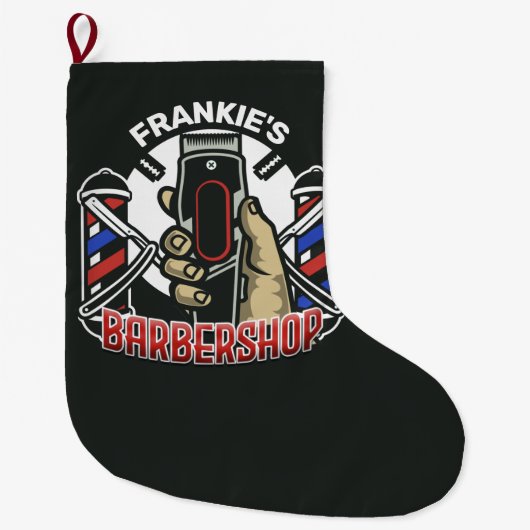 名前をカスタムするレトロ理容師ショップポールバーバーショップ ラージクリスマスストッキング (正面)