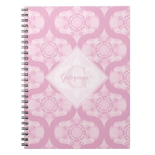 名前をカスタムするレトロ1970s名門私立校風のピンクマンダラ ノートブック (正面)