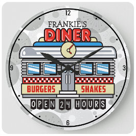 名前をカスタムするレトロ50sダイナーサインノスタルジック50年代 ラージ壁時計