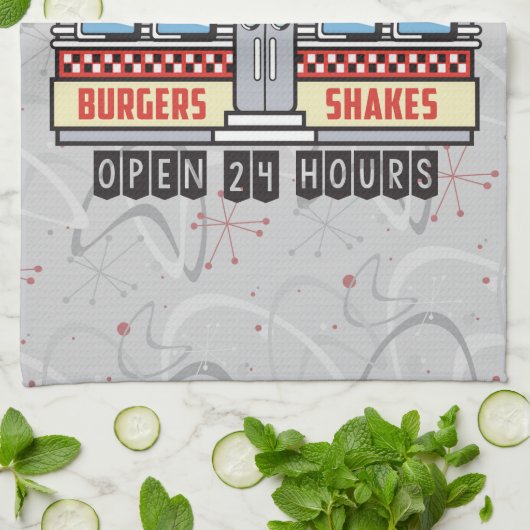 名前をカスタムするレトロ50sダイナーサイン50年代アトミック キッチンタオル (折り畳み)