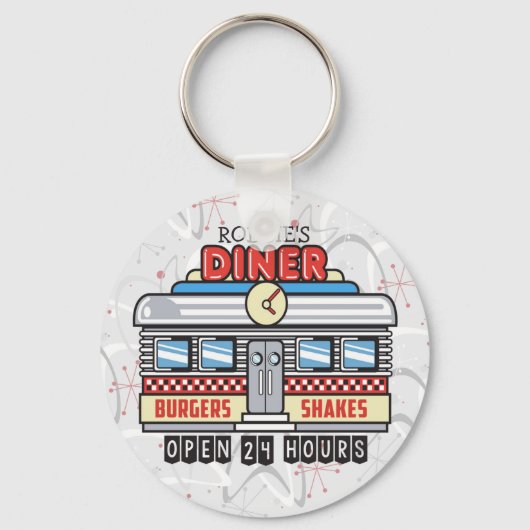 名前をカスタムするレトロ50sダイナーサイン50年代アトミック キーホルダー (正面)