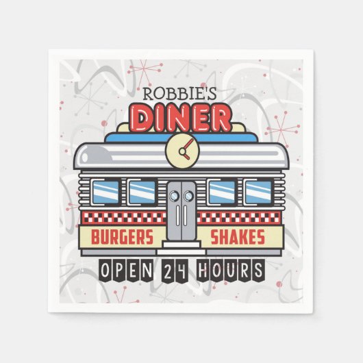 名前をカスタムするレトロ50sダイナーサイン50年代アトミック スタンダードカクテルナプキン (正面)