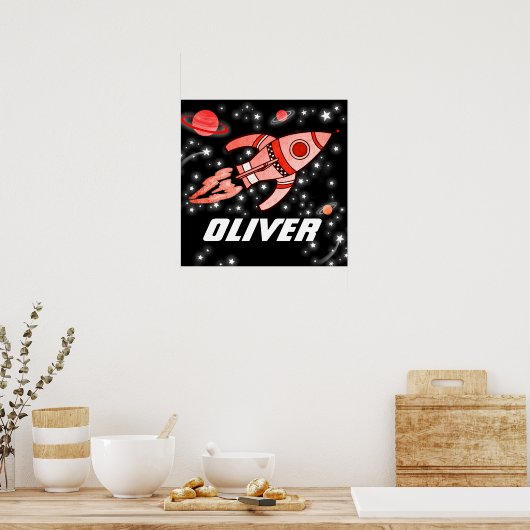 名前をカスタムするロケット宇宙ボーイズ黒い赤いポスター ポスター (キッチン)