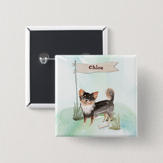 名前をカスタムするロングヘアチワホアペットドッグ 缶バッジ (正面&裏面)