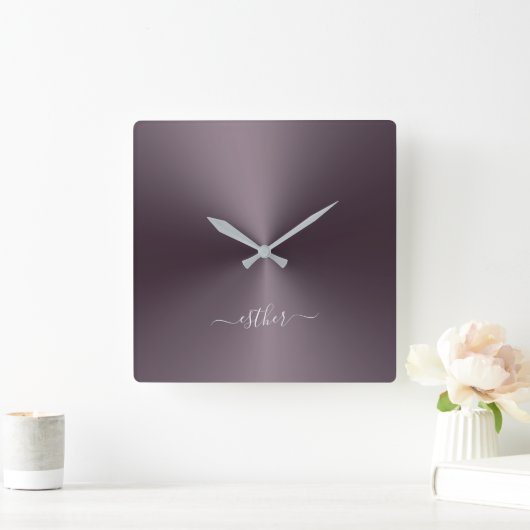 名前をカスタムするワインカラーメタリックスタイルアクリル スクエア壁時計 (ホーム)