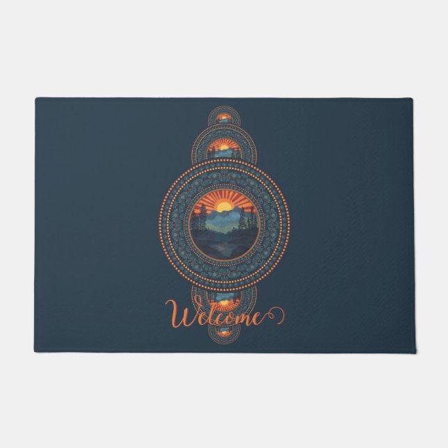 名前をカスタムするヴィンテージウィルダネス装飾曼荼羅 ドアマット (正面)