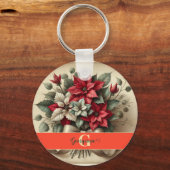 名前をカスタムするヴィンテージウォーターカラーポインセツィアブーケ キーホルダー (正面)