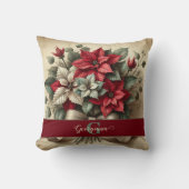 名前をカスタムするヴィンテージウォーターカラーポインセツィアブーケ クッション (正面)