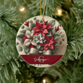 名前をカスタムするヴィンテージウォーターカラーポインセツィアブーケ セラミックオーナメント