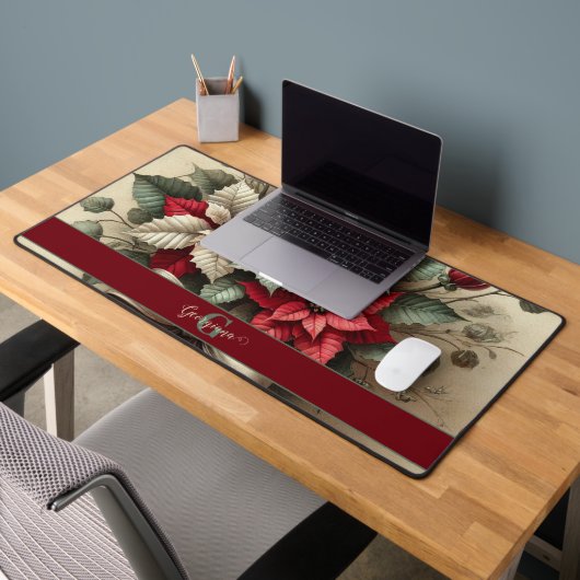 名前をカスタムするヴィンテージウォーターカラーポインセツィアブーケ デスクマット (オフィス2)