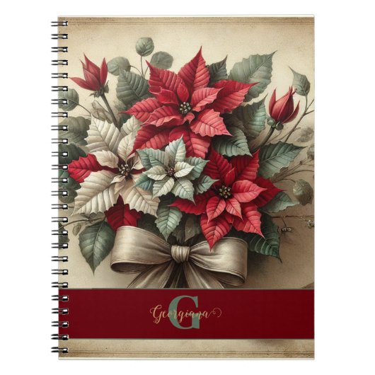 名前をカスタムするヴィンテージウォーターカラーポインセツィアブーケ ノートブック (正面)