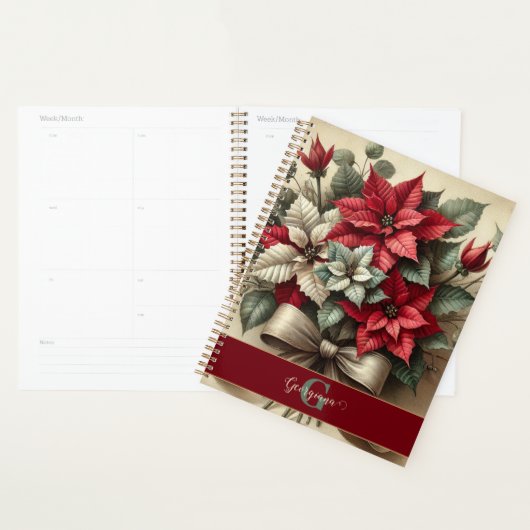 名前をカスタムするヴィンテージウォーターカラーポインセツィアブーケ プランナー手帳 (ディスプレー)