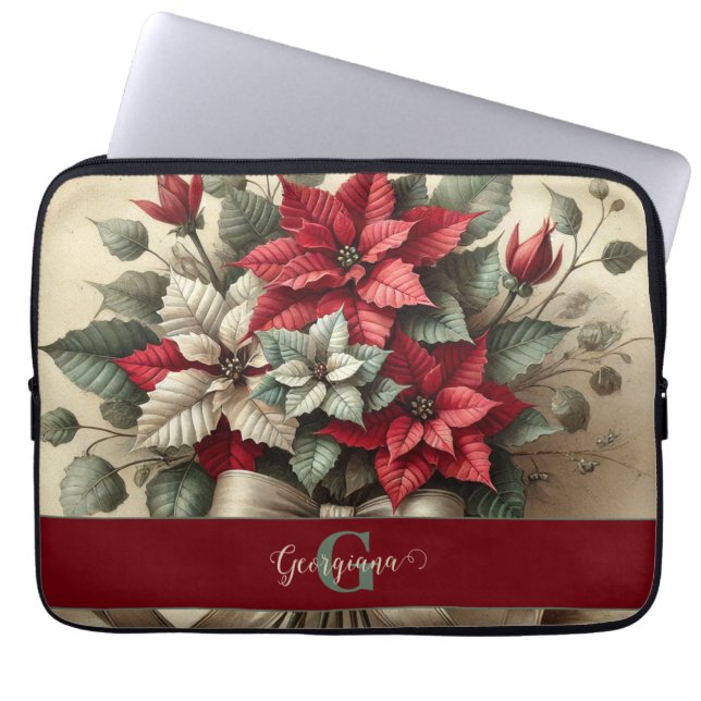 名前をカスタムするヴィンテージウォーターカラーポインセツィアブーケ ラップトップスリーブ (正面)