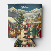 名前をカスタムするヴィンテージクリスマスイラストレーション 缶クーラー (正面)