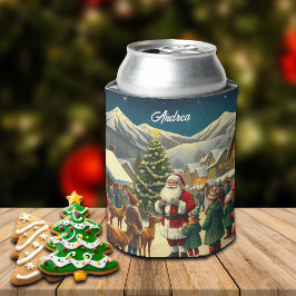 名前をカスタムするヴィンテージクリスマスイラストレーション 缶クーラー
