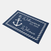 名前をカスタムするヴィンテージダークブルーウェルカムアボード ドアマット (アングル)