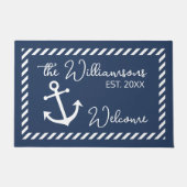 名前をカスタムするヴィンテージダークブルーウェルカムアボード ドアマット