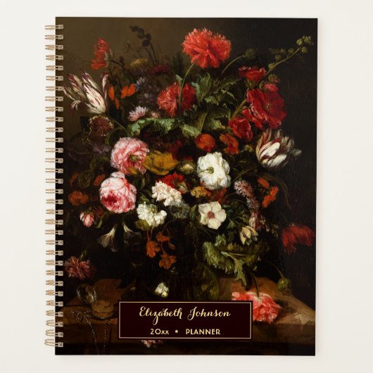 名前をカスタムするヴィンテージフローラアート金ゴールドモノグラム2026 プランナー手帳 (正面)