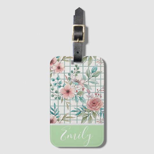 名前をカスタムするヴィンテージフローラグリッド ラゲッジタグ (正面縦)