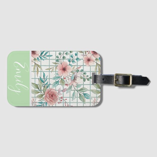 名前をカスタムするヴィンテージフローラグリッド ラゲッジタグ (正面横)