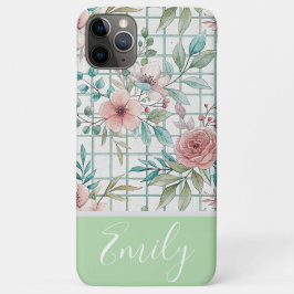 名前をカスタムするヴィンテージフローラグリッド iPhone 11 PRO MAXケース