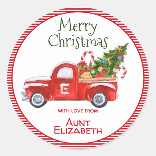 名前をカスタムするヴィンテージレッドトラッククリスマスホリデー ラウンドシール (正面)
