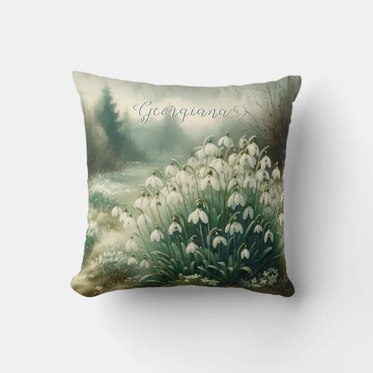 名前をカスタムするヴィンテージ水カラーフローラ雪だる クッション (正面)