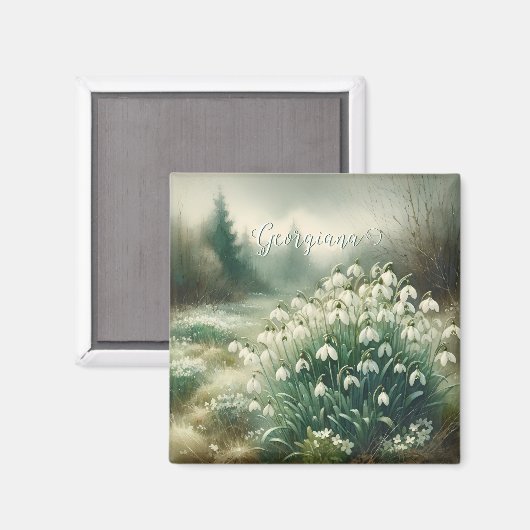 名前をカスタムするヴィンテージ水カラーフローラ雪だる マグネット (正面/裏面)