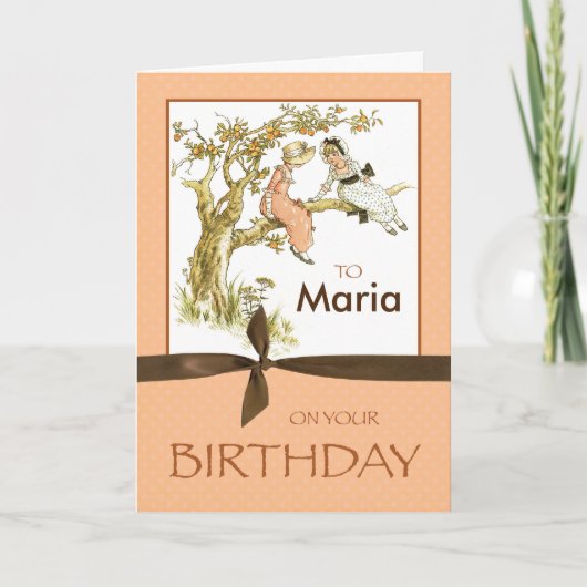 名前をカスタムするヴィンテージ誕生日ガールズインアップルツリー カード (正面)