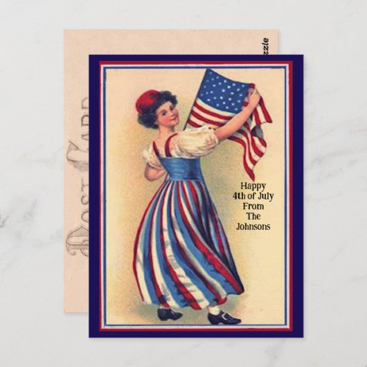 名前をカスタムするヴィンテージ7月4日愛国国旗 ポストカード (正面/裏面)