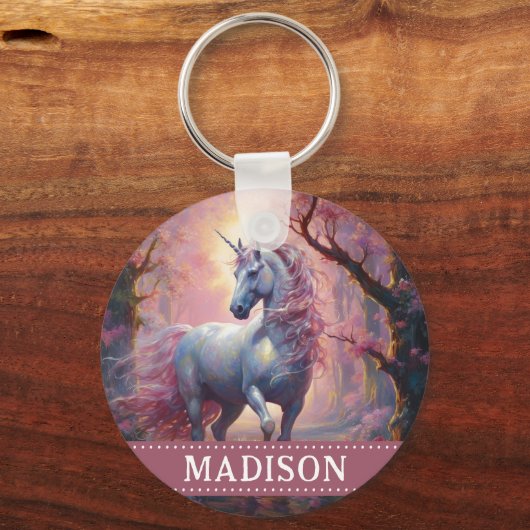 名前をカスタムする付きピンクと白のユニコーンキーチェーン キーホルダー (正面)