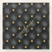 名前をカスタムする付きブラックと金ゴールドガラスコースター ガラスコースター (正面)