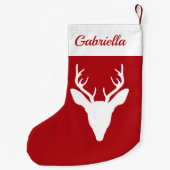 名前をカスタムする付き赤の白い鹿の頭のシルエット スモールクリスマスストッキング (裏面)