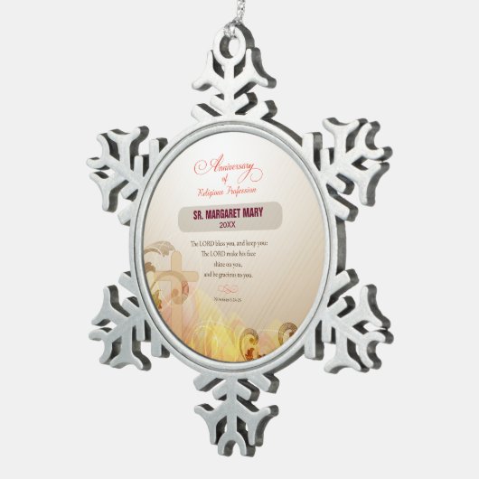名前をカスタムする修道院60周年宗教 スノーフレークピューターオーナメント (右)