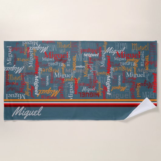 名前をカスタムする全体がグラフィック文字ブルーグレーオレンジ ビーチタオル (正面)