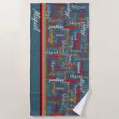 名前をカスタムする全体がグラフィック文字ブルーグレーオレンジ ビーチタオル (正面)