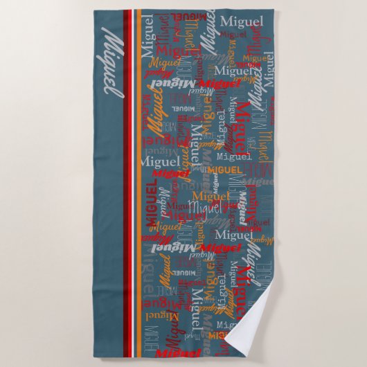 名前をカスタムする全体がグラフィック文字ブルーグレーオレンジ ビーチタオル (正面)
