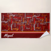 名前をカスタムする全体グラフィック文字赤オレンジ色 ビーチタオル (正面)