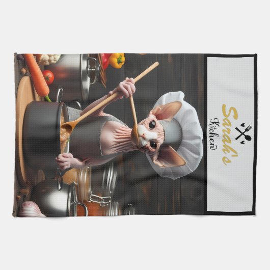 名前をカスタムする写真おもしろいSphynx猫シェフ調理師 キッチンタオル (横)