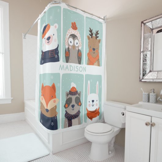 名前をカスタムする冬の動物のシャワーカーテン シャワーカーテン (インサイチュ)