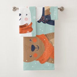 名前をカスタムする冬季動物のタオルセット バスタオルセット