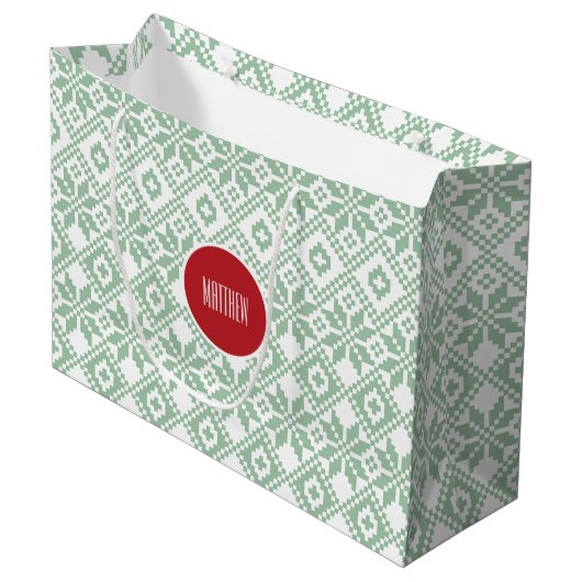 名前をカスタムする北欧スノーフレーク・パターン ラージペーパーバッグ (正面アングル)