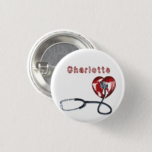 名前をカスタムする医用ナース聴診器ハート 缶バッジ (正面&裏面)