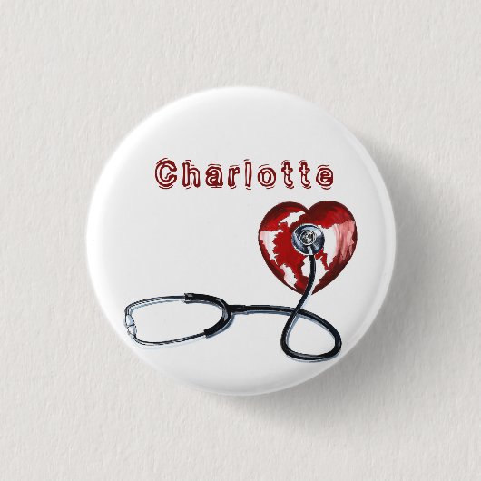 名前をカスタムする医用ナース聴診器ハート 缶バッジ (正面)