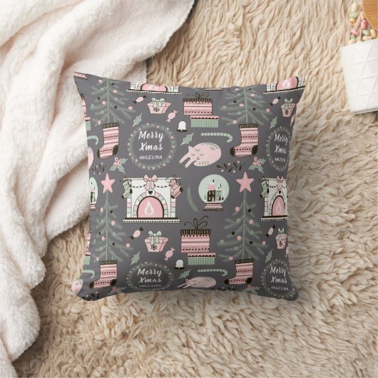 名前をカスタムする及び居心地のよいクリスマスパターンに挨拶すること クッション (ブランケット)