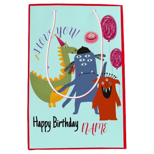 名前をカスタムする及び文字ハッピーモンスター抱き枕 ミディアムペーパーバッグ (正面)