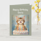 名前をカスタムする女性誕生日おもしろい猫 カード (黄色い花)