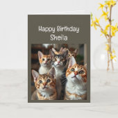 名前をカスタムする女性誕生日おもしろい猫 カード (黄色い花)