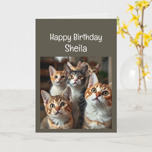 名前をカスタムする女性誕生日おもしろい猫 カード (黄色い花)