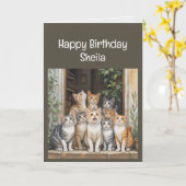 名前をカスタムする女性誕生日おもしろい猫 カード (黄色い花)